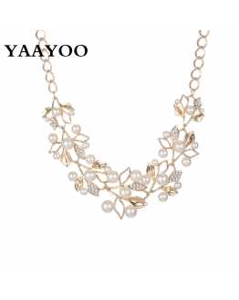 Pearl Rhinestone Flowers Leaves Necklace