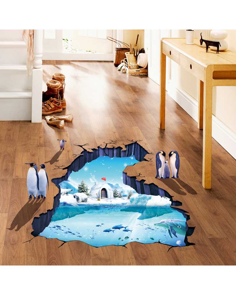 3D Polar Glacier Penguin Floor Sticker