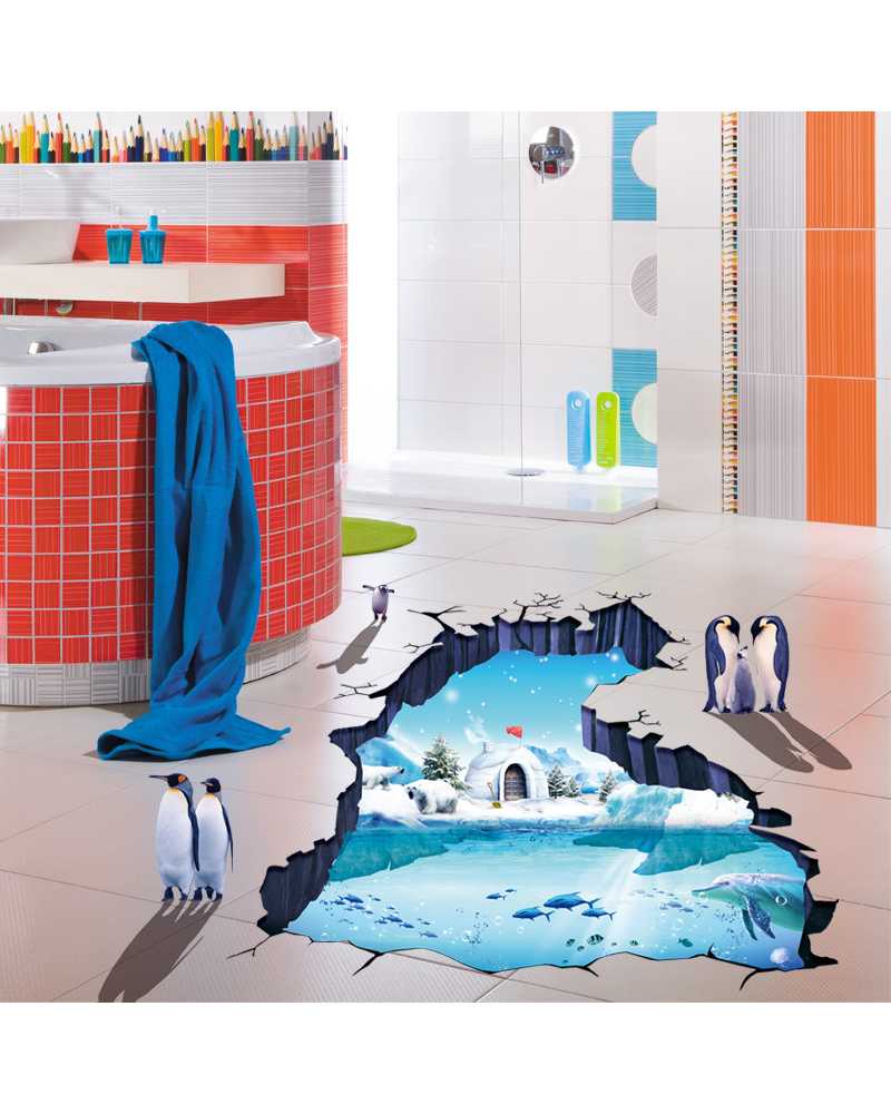 3D Polar Glacier Penguin Floor Sticker