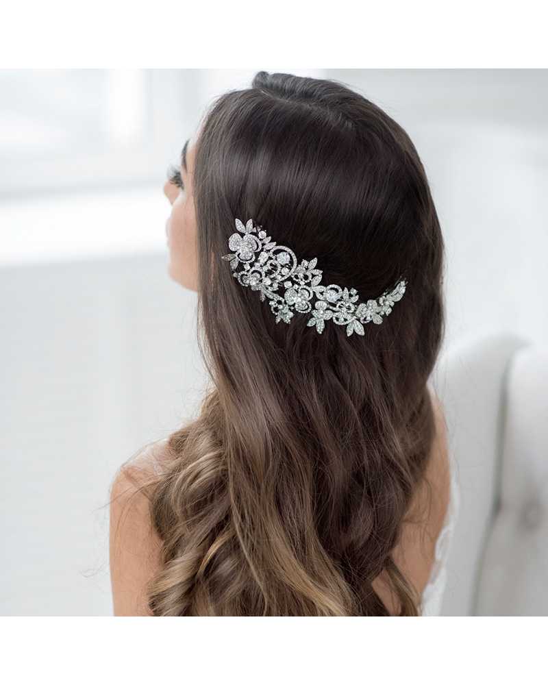 Silver Long Flower Rhinestone Hair Clip