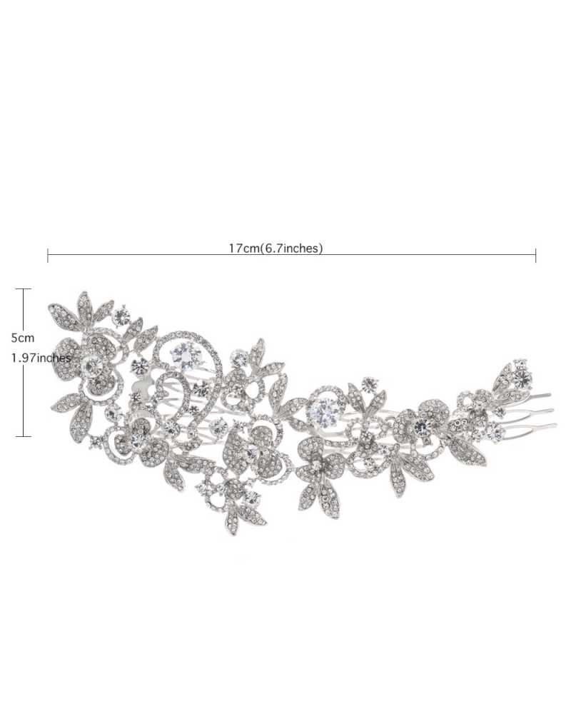 Silver Long Flower Rhinestone Hair Clip