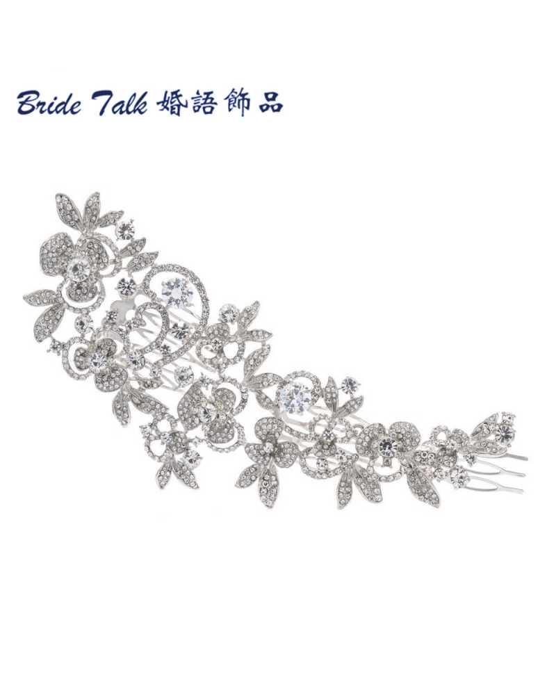 Silver Long Flower Rhinestone Hair Clip