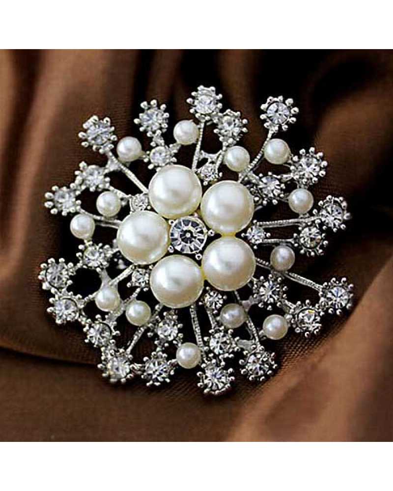 Pearl And Crystals Flower Brooch