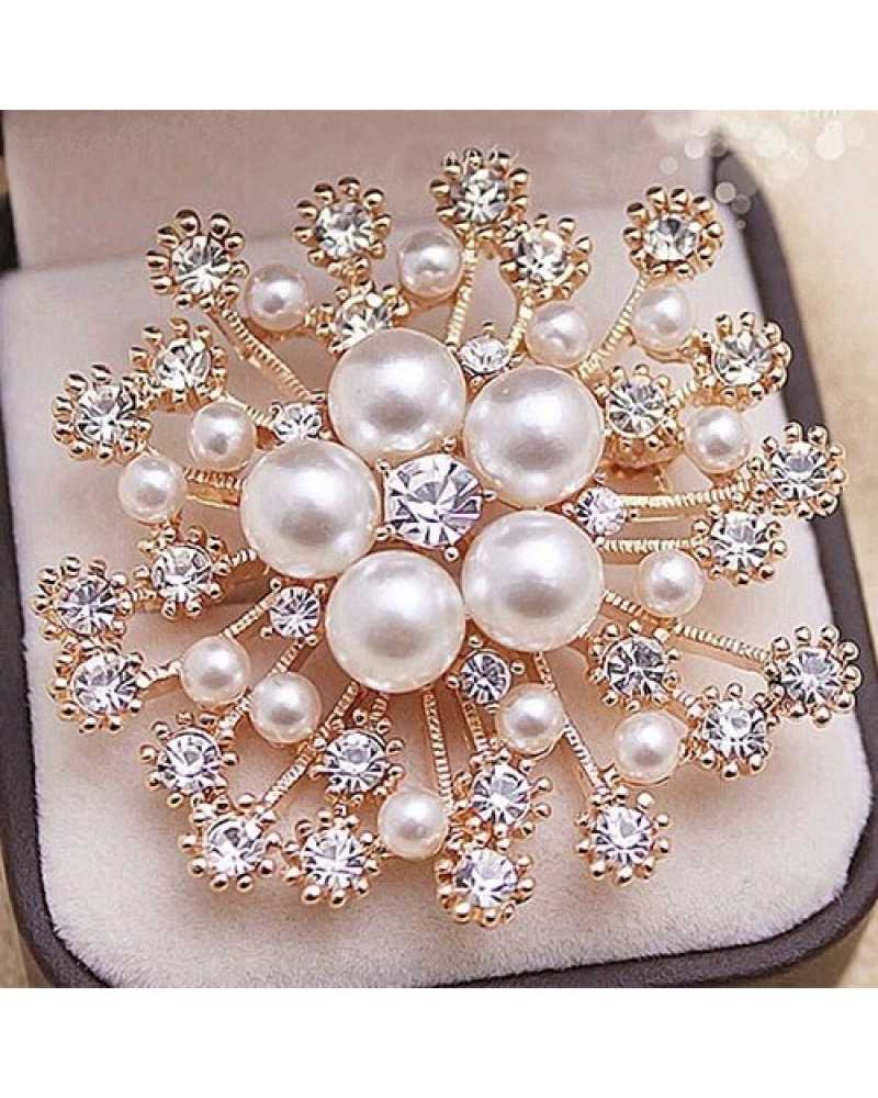 Pearl And Crystals Flower Brooch