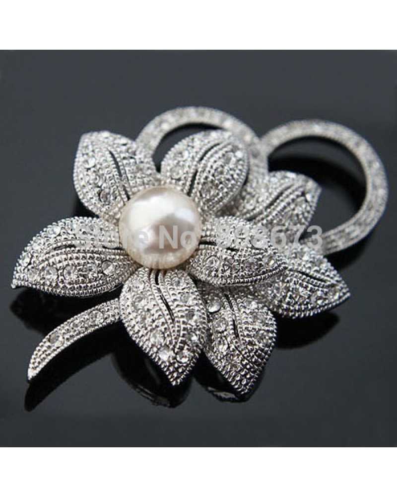 Rhodium Plated Flower Crystal Brooch